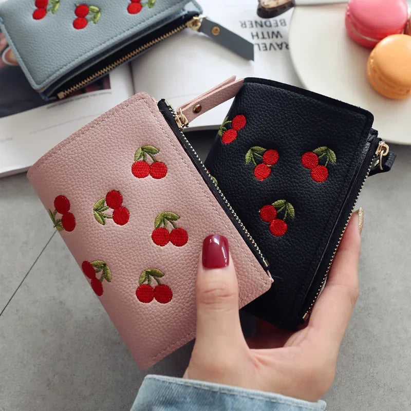 Women's Clutch Wallet with Cherry Floral Embroidery, Vertical Style Buckle Design Trendy Versatile Pu Material Waterproof Light