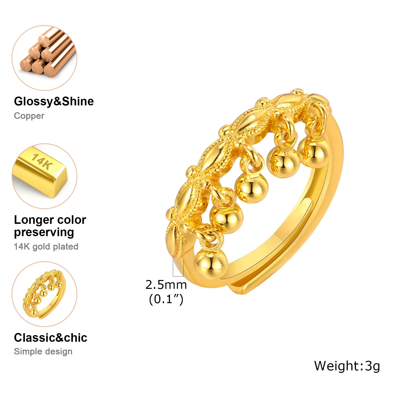 Statement Ring Resize, Adjustable Small Bell Charms Women Openable Jewelry