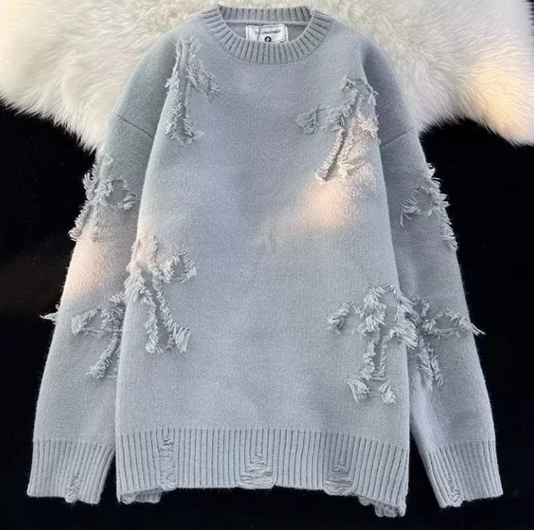 Winter Ripped Sweater Men's Round Neck Pullover High Street American Retro Japanese Style Solid Color Sweater For Teenagers