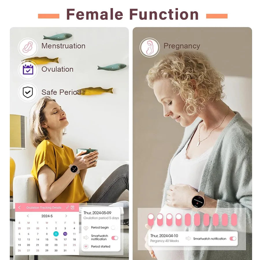 Smart watch for women, always-on display, IP67, fitness tracker with sleep monitoring/menstrual cycle, black gold