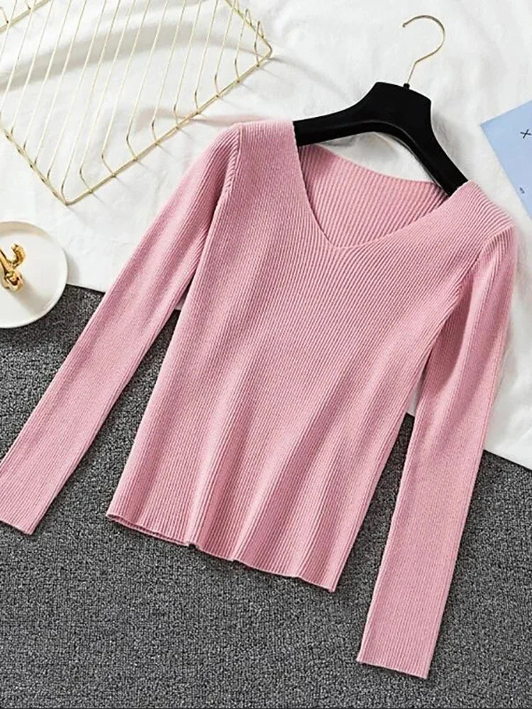 Women Sweater 2026 New Autumn Winter Long Sleeve Pullover Basic Top Fashion V-neck Elastic Female Winter Solid Knitted Jumper