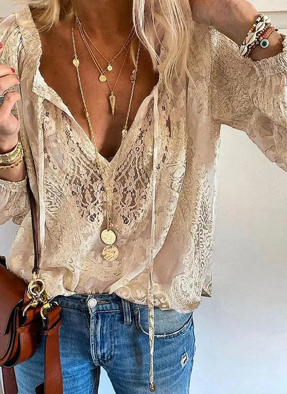 Women's Blouses Spring Summer Fashion Boho Lace Hollow Out Deep V Neck Pullover Shirt Women Elegant Casual Blouse Female Tops