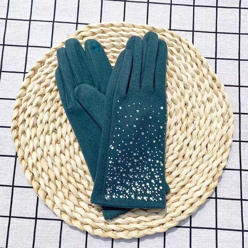 Fashion Diamonds Glove Women Vintage Winter Touch Screen Full Finger Warm Windproof Cycling Driving Female Gloves Mittens