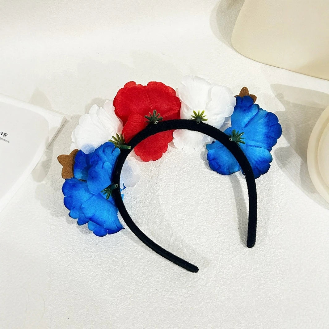 Floral 4th of July Headband Blue White Red Flower Headbands for Women Girls Crown Hair Wreath for Independence Day