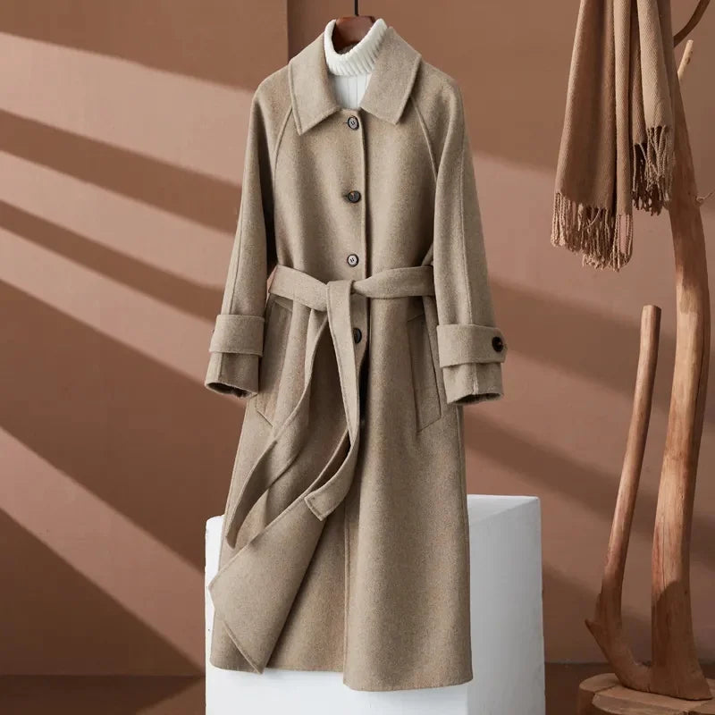 100% Wool Coat Women's Wear 2024 Autumn/Winter Fashion Temperament Double sided Cashmere Coats with Belt Elegant Long Overcoat
