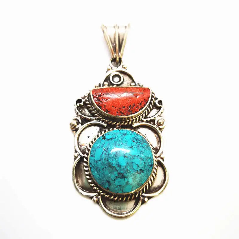 Handmade Vintage Flower Pendants Copper Inlaid Colorful Stone Tibetan Jewelry TBP608
