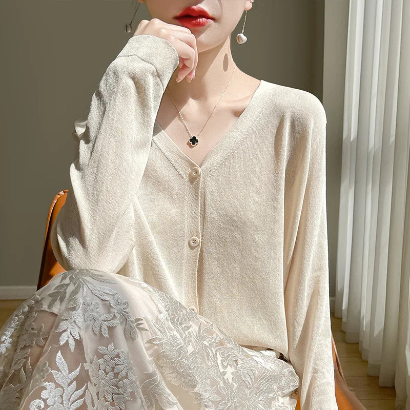 Women's Cardigans 2025 Thin Summer Single Breasted V-neck Loose Knitted Sweater Fashion Solid Tops Ice Silk Outerwears Jumpers