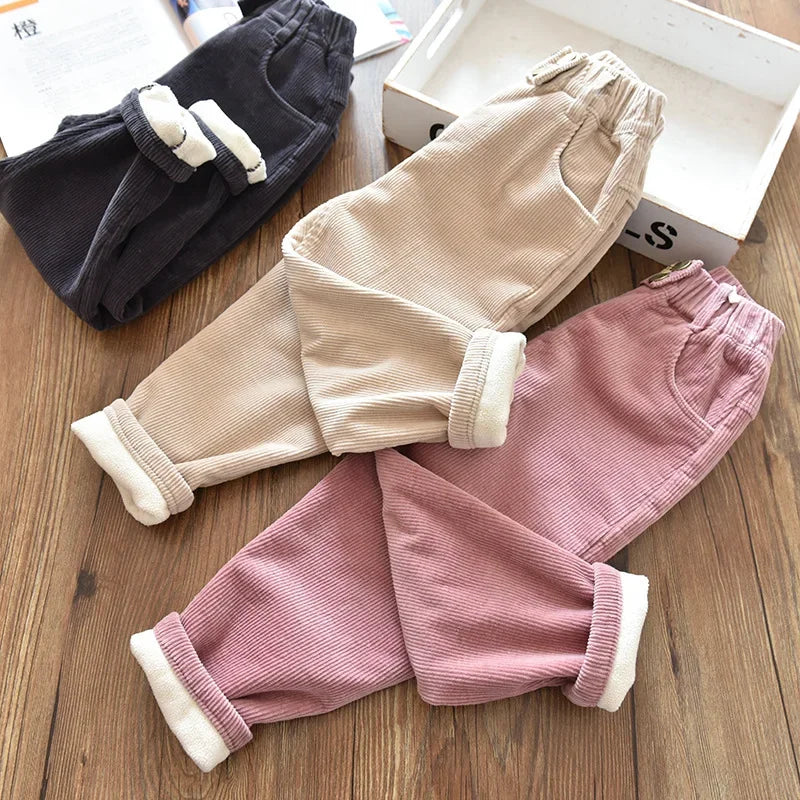 Children's Pants Autumn winter Fleece Padded Trousers for Girls Solid Thickened Corduroy Pants Casual Loose Boys Pants