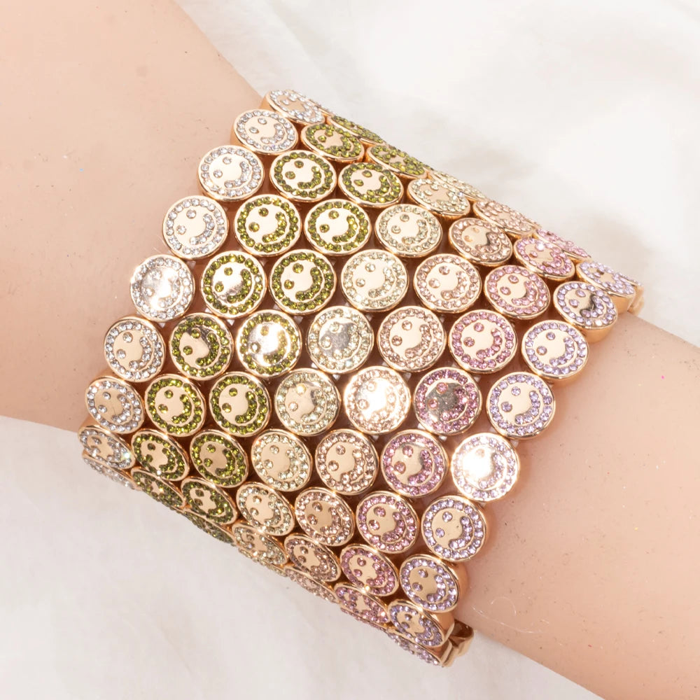 2024 New Happy Bangle Paved Diamond Enamel Beaded Bracelets For Women Boho Gold Color Elastic Bracelets