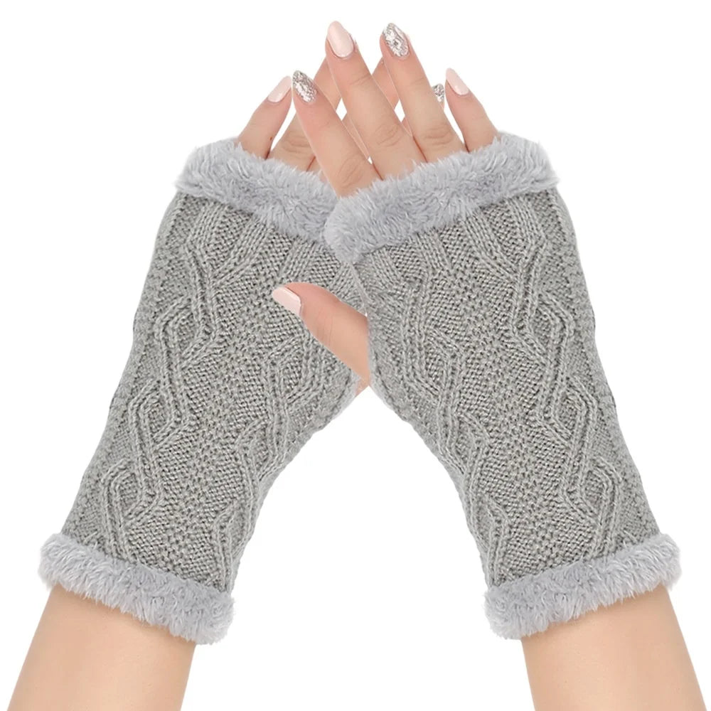 Winter Half Palm Glove For Womens Girls Knitted Fingerless Hand Mitten Fuzzy Fleece Lined Wrist Warmer Solid Color Armer Warmer