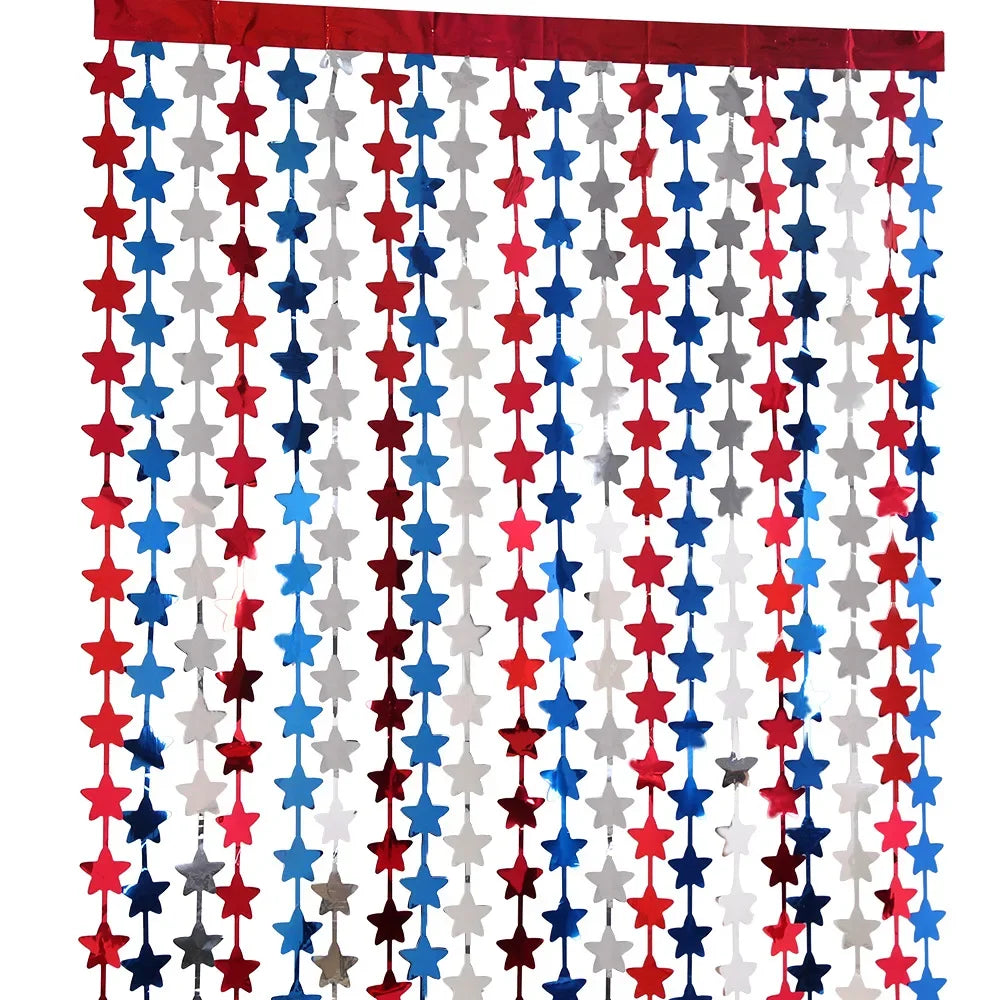 4th of July Decorations Red White Blue Star Tinsel Foil Fringe Curtains Independence Day Photo Booth Backdrop Patriotic Party