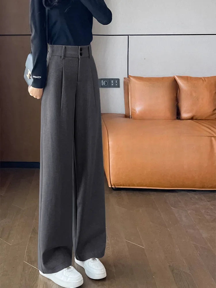 Female Trousers Office Autumn Winter Work Tailoring Women's Dress Pants Tweed Wide Leg High Waist Aesthetic Trends 2025 Harajuku