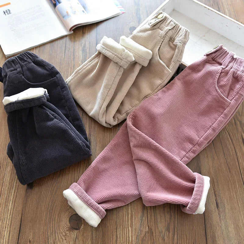 Children's Pants Autumn winter Fleece Padded Trousers for Girls Solid Thickened Corduroy Pants Casual Loose Boys Pants