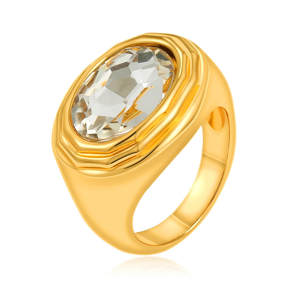 Statement Vintage Oval Big Zircon Ring for Women Gold Plated Stainless Steel Delicate Finger Ring Luxury Jewelry Wedding Gift