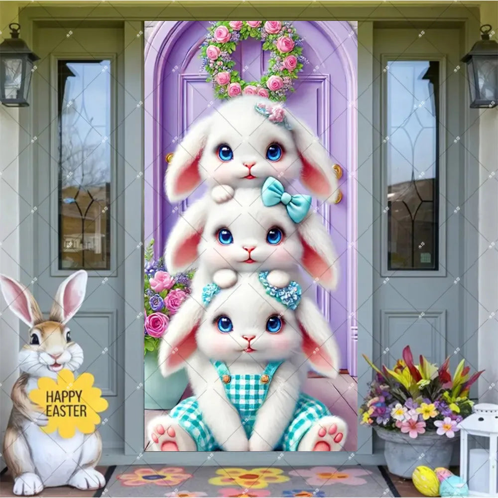 Spring Easter Theme Charming Rabbit On The Toilet Grass Flower Eggs Door Banner Cover Backdrop Easter Festival Party Porch Decor