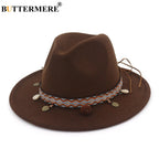 BUTTERMERE Red Fedoras Hats For Women Ethnic Style Wool Felt Hat Female Wide Brim Casual Ladies Autumn Holiday Jazz Caps Fashion