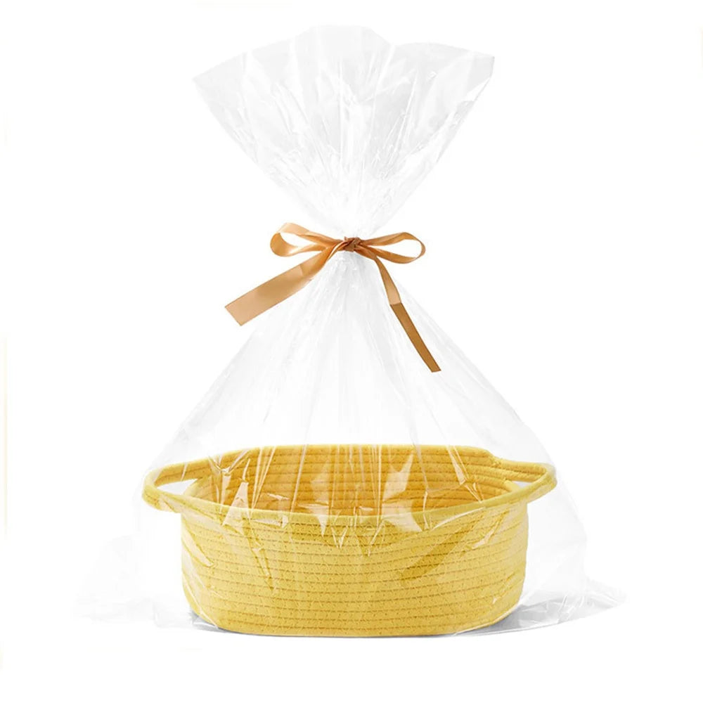 Easter Rope Basket With Transparent Packaging Bag And Ribbon Bow Woven Basket Open Dish Storage Basket Shelf Basket Key Towel