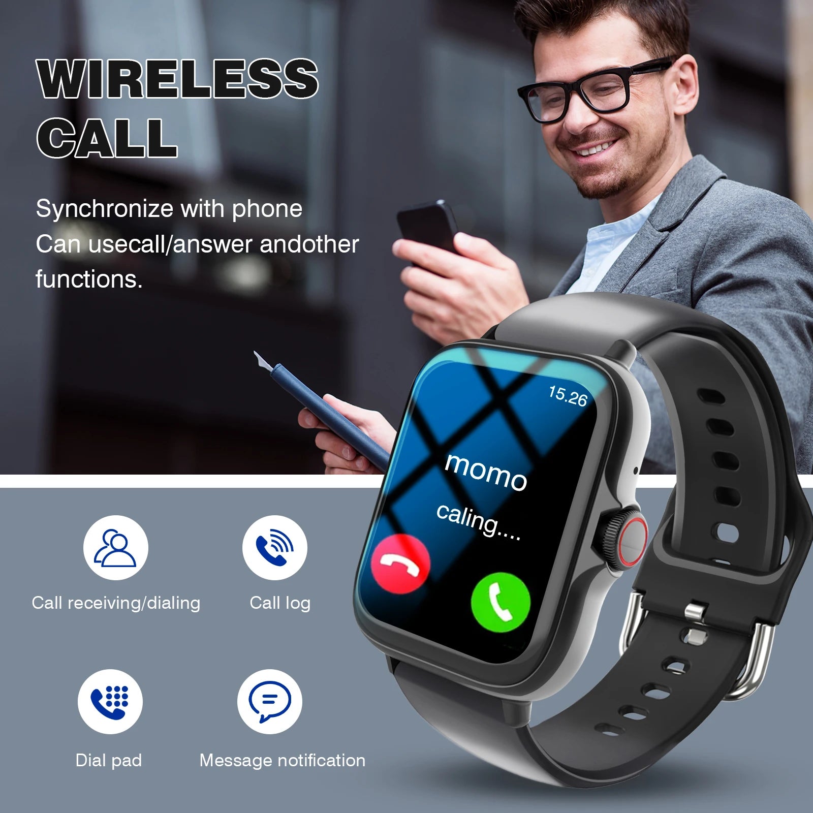 Smart Watch with 1.68-Inch HD Display – Wireless Calling/Dialing, Alarm/Message Notifications, Fitness Tracking, Music Control.
