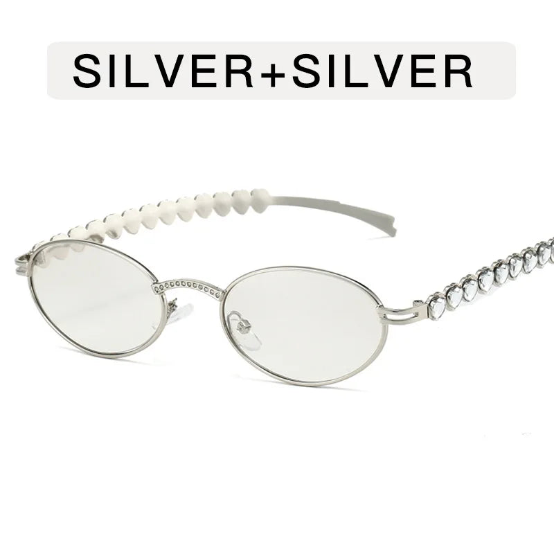 Fashion Eyeglasses Frames For Women Men Silver Oval Glasses Anti Blue Light Small Rhinestone Sunglasses With Metal Frame