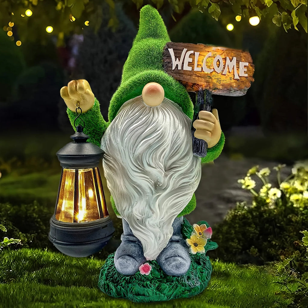 Garden Gnome Statue Outdoor Decor Large Flocked Resin Gnome Figurine with Solar Light Holding Lantern Welcome Sign