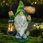 Garden Gnome Statue Outdoor Decor Large Flocked Resin Gnome Figurine with Solar Light Holding Lantern Welcome Sign
