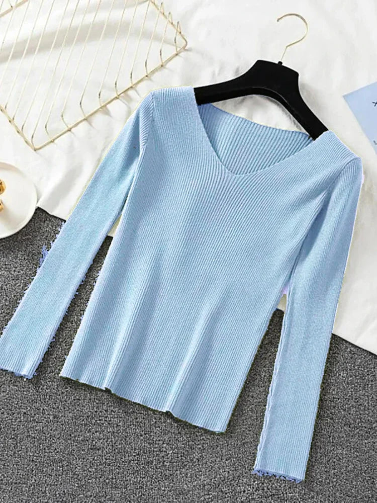 Women Sweater 2026 New Autumn Winter Long Sleeve Pullover Basic Top Fashion V-neck Elastic Female Winter Solid Knitted Jumper