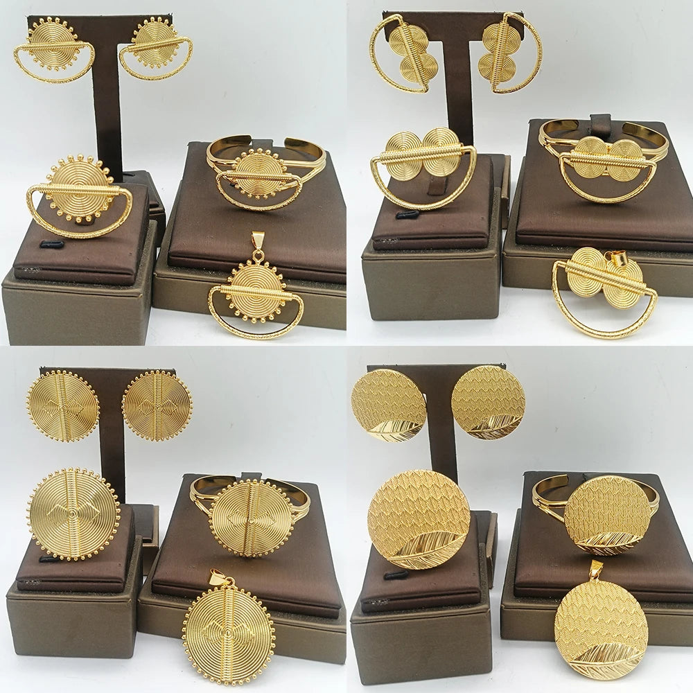 4Sets Jewelry Sets for Women Bridal Luxury African Map Pendant Gold Color Earrings Cuff Bangles Adjustable Ring Wedding Gifts