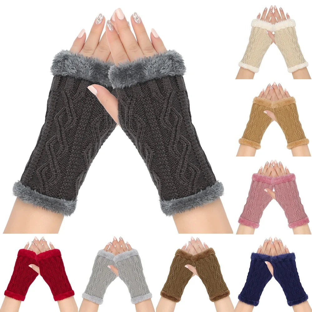 Winter Half Palm Glove For Womens Girls Knitted Fingerless Hand Mitten Fuzzy Fleece Lined Wrist Warmer Solid Color Armer Warmer