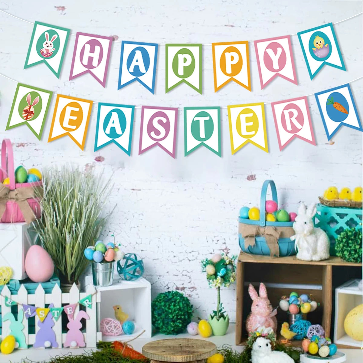 Happy Easter Banner Colorful Bunny Easter Eggs Carrot Banner Garland Signs Spring Themed 2025 Easter Day Decorations for home