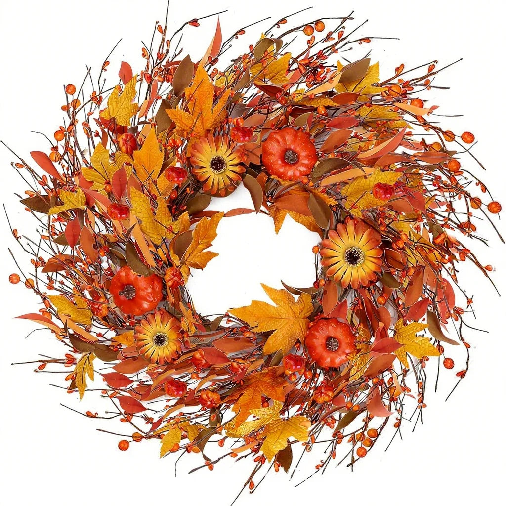 Autumn Door Wreath Christmas Halloween Decoration Pumpkin Berry Pine Cone Maple Artificial Cloth Rattan Material Home Decoration