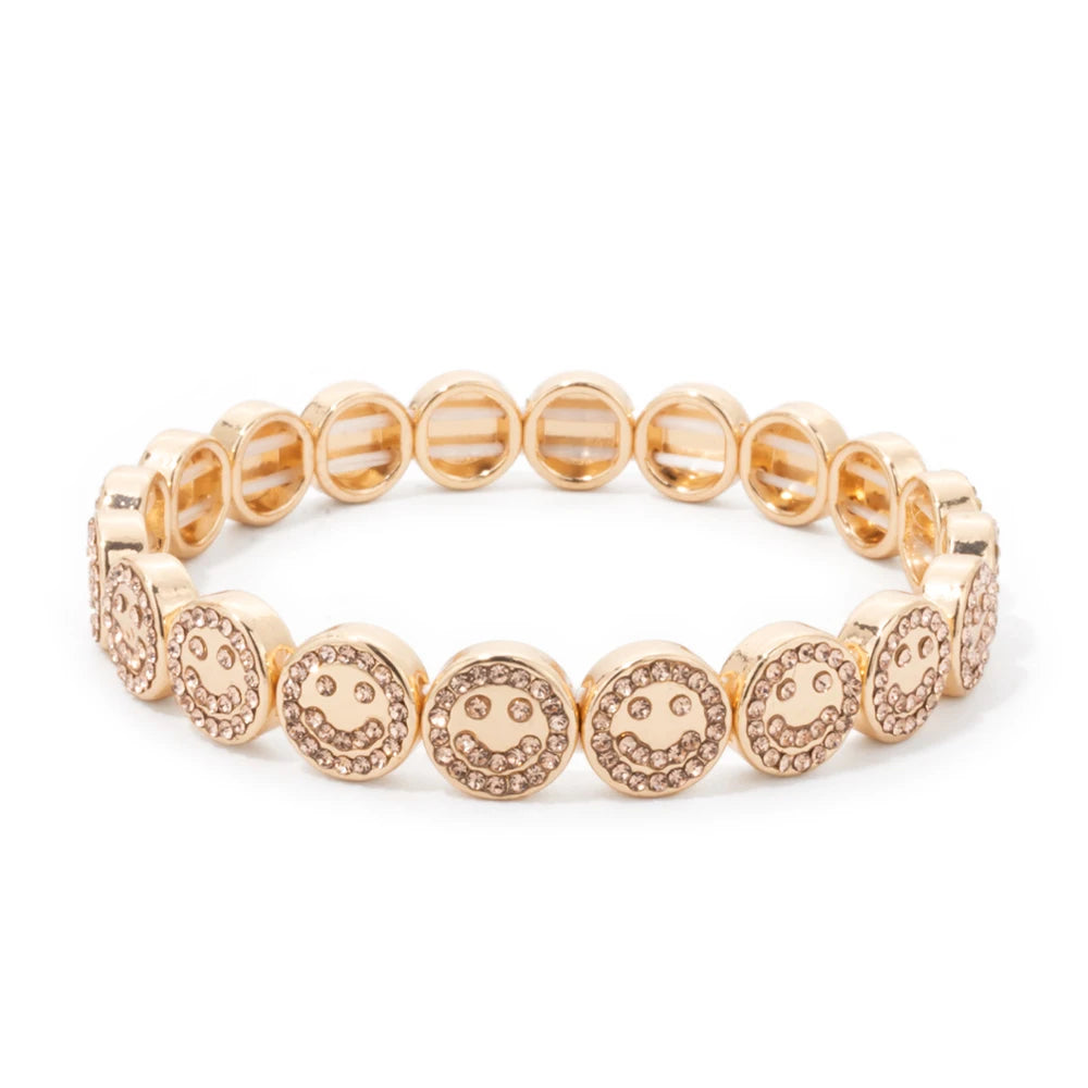 2024 New Happy Bangle Paved Diamond Enamel Beaded Bracelets For Women Boho Gold Color Elastic Bracelets