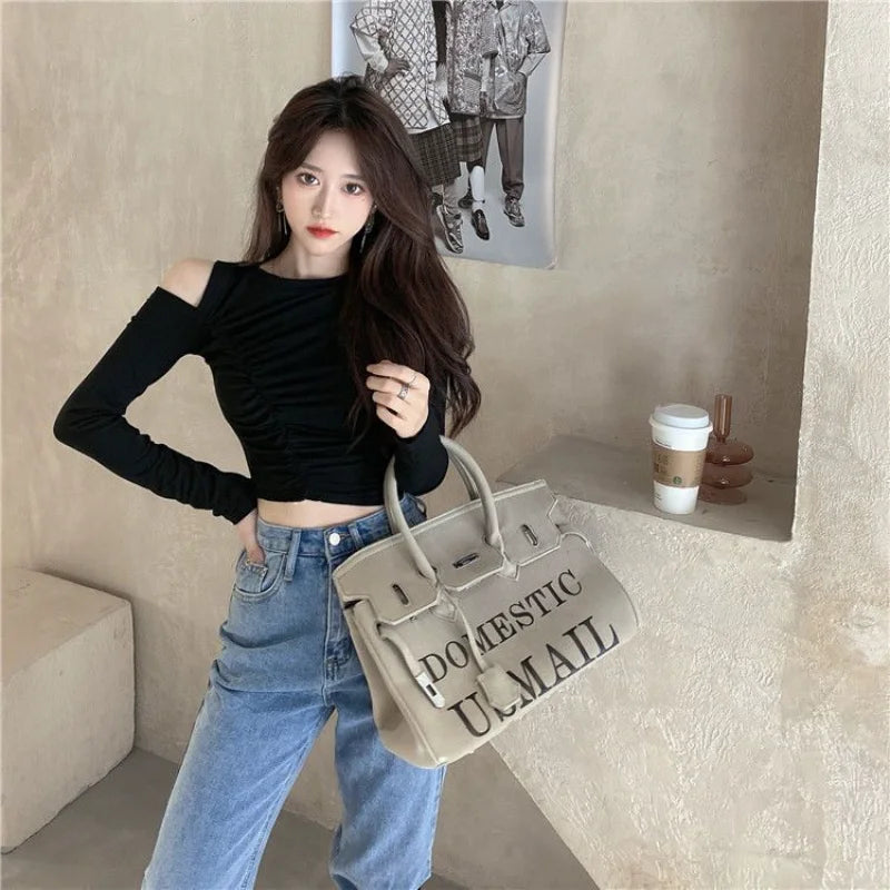 Women's T Shirts Off Shoulder Tees Sexy Plain Slim Black 2024 Tshirts 2000s Trend Female Tops Cool Wholesale Clothes Alt New In
