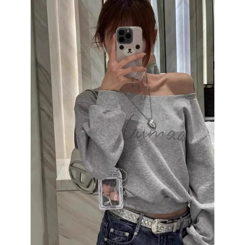 Women Hoodies Autumn Streetwear Off Shoulder Seductive Cropped All-match Sweatshirts Baggy Fashion Print Design Aesthetic Casual