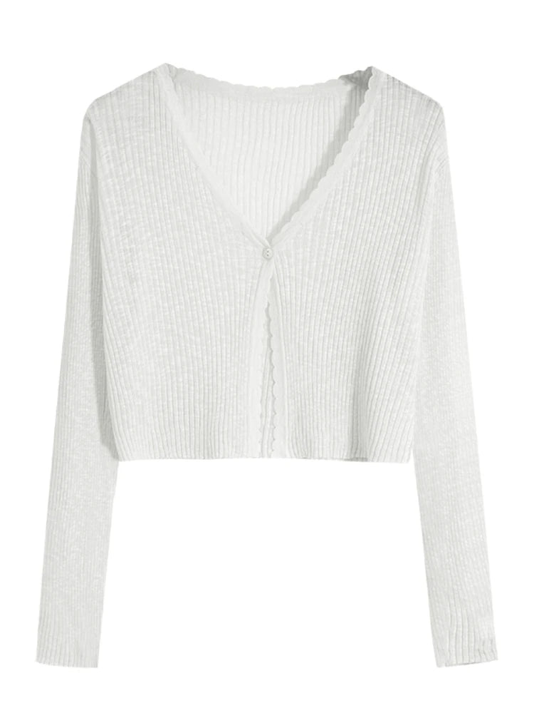 Women Cardigans Long Sleeve Knitted Outerwear Solid Thin Spring Short Sweaters V-neck Knitwears Korean Fashion Cardigans 2025