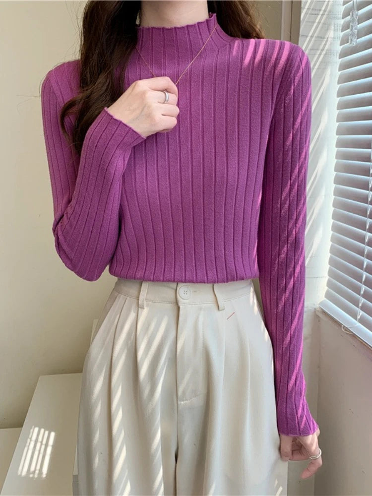 Woman Sweaters 2025 Autumn Winter Knitted Ribbed Turtleneck Sweater Women Clothes Long Sleeve Slim Basic Pullover Solid Tops