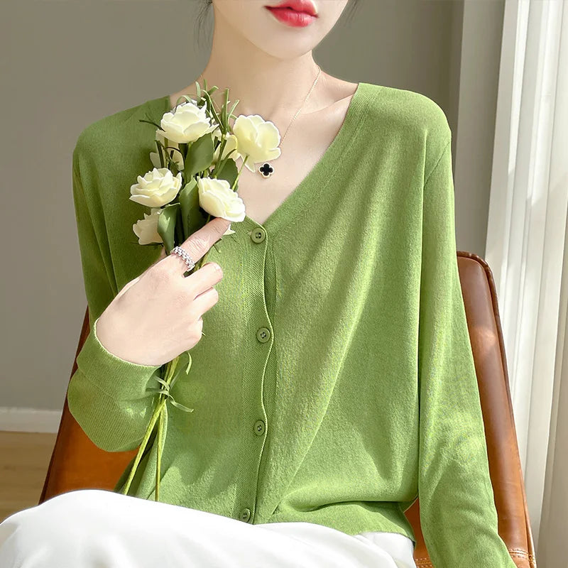 Women's Cardigans 2025 Thin Summer Single Breasted V-neck Loose Knitted Sweater Fashion Solid Tops Ice Silk Outerwears Jumpers