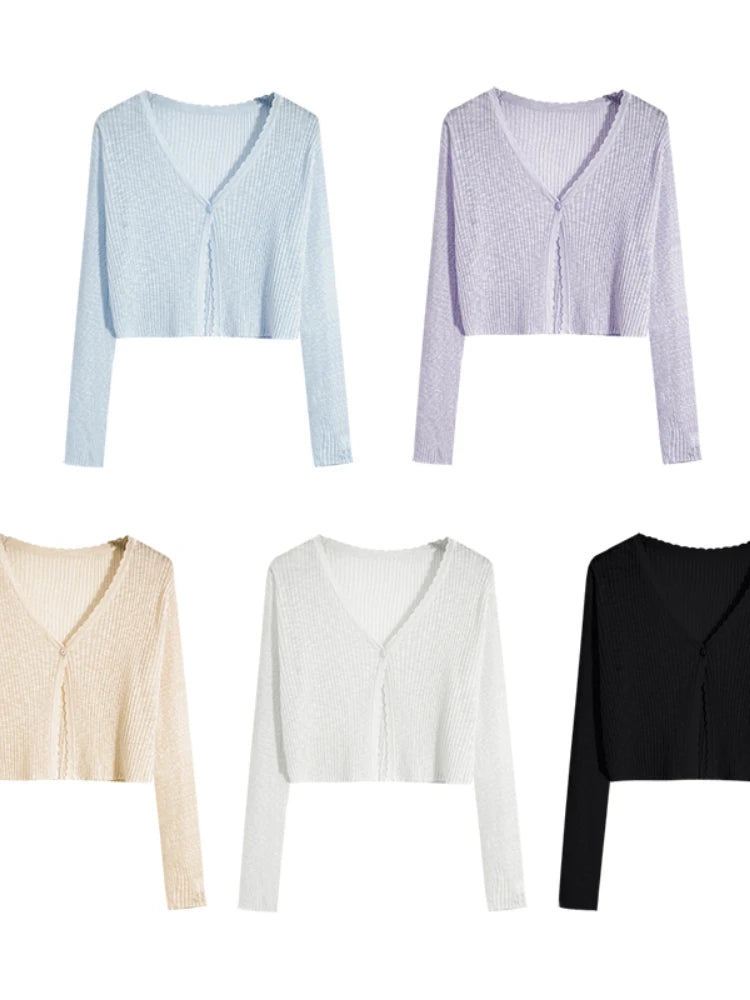 Women Cardigans Long Sleeve Knitted Outerwear Solid Thin Spring Short Sweaters V-neck Knitwears Korean Fashion Cardigans 2025