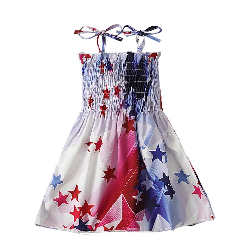 Charming 4th of July Summertime Girls Casual Dresses Sling Patriotic Pattern and Cartoon Printed Playful Butterflies and Stars