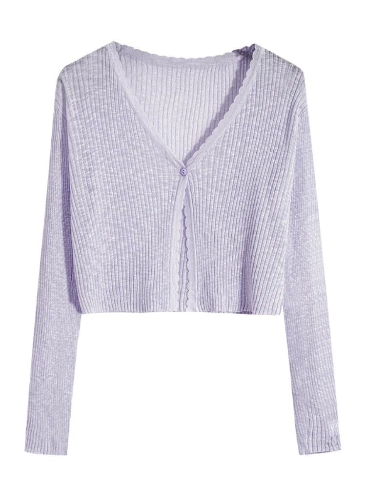 Women Cardigans Long Sleeve Knitted Outerwear Solid Thin Spring Short Sweaters V-neck Knitwears Korean Fashion Cardigans 2025