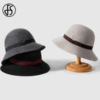 FS Beige Wool Fedoras Elegant Vintage Hats For Women Wide Brim Hollowed-out Cloche Cap Lady Autumn Winter Floppy Black Millinery