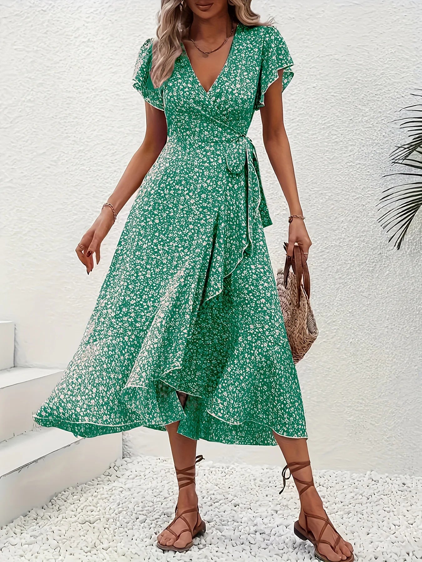 Summer Dresses for Women Sexy V Neck Short Sleeve Irregular High Waist Lace-up Flower Print Dress Casual Beach Dresses