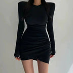 women's dresses 2025 Spring  Autumn Casual Fitting Slim Plain Ruched Long Sleeve Crew Neck Mini Bodycon High Street Dress