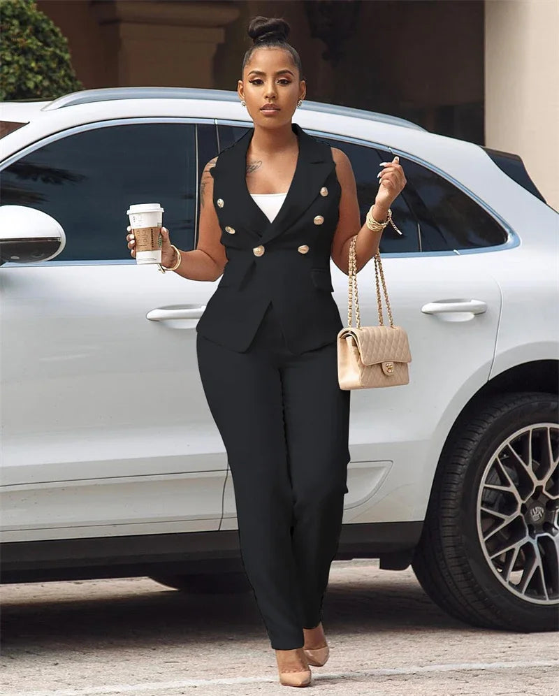 Business OL Work Wear Two Piece Pant Suits for Women Set Elegant Sleeveless Blazer Top + Pencil Pants Office Lady Matching Sets