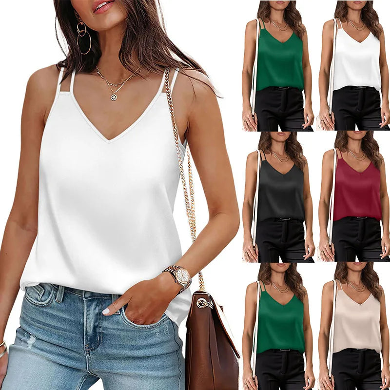 Summer V Neck Tank Tops For Women Silk Satin Summer Sleeveless Camisole Straps Top Tops for Women Loose Fit  Crop Top