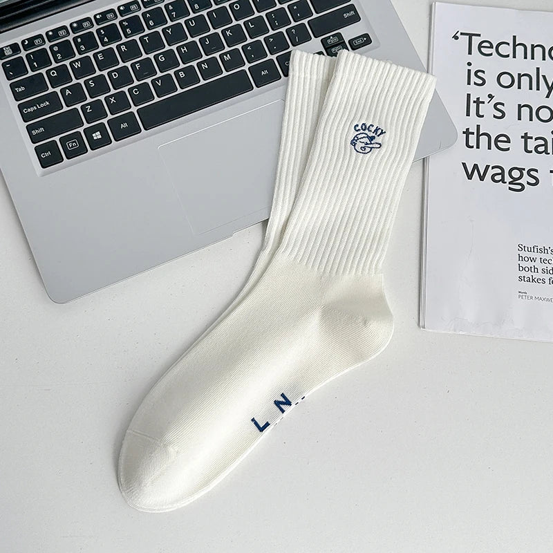 Men's Socks New Embroidery Fashion Solid Color Simple Basic Long Socks For Man Casual Sweat Absorption Cotton Socks Breathable