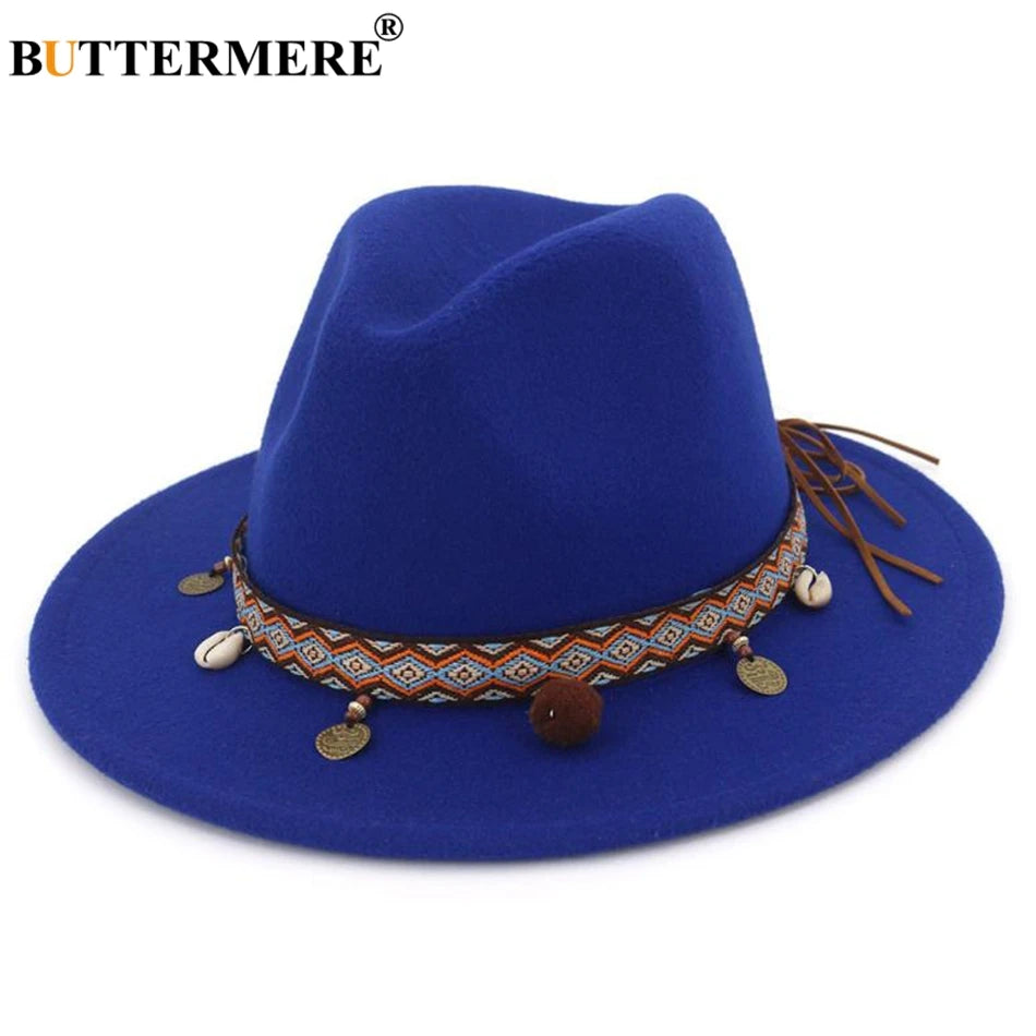 BUTTERMERE Red Fedoras Hats For Women Ethnic Style Wool Felt Hat Female Wide Brim Casual Ladies Autumn Holiday Jazz Caps Fashion