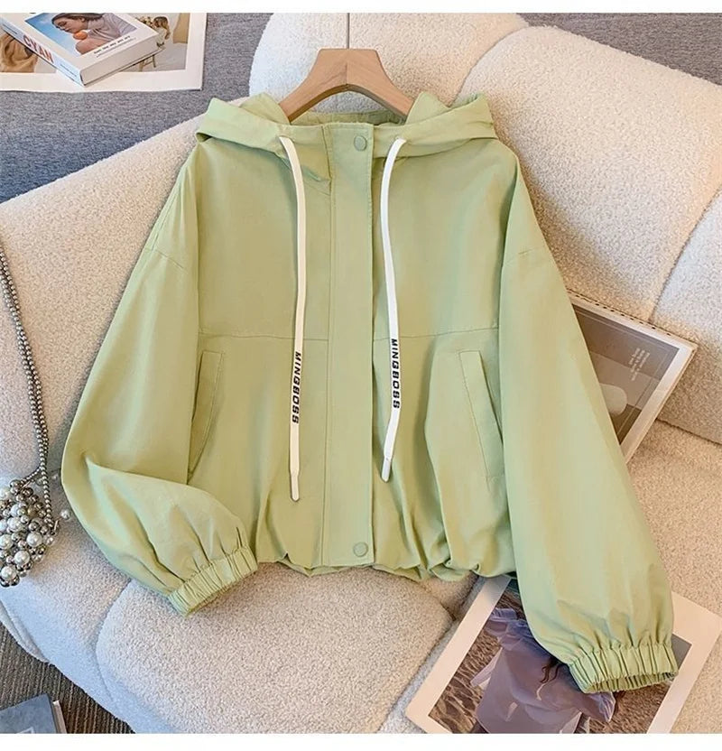 Women's Jacket Fashion Hooded Windbreaker New Spring Autumn Female Casual Short Coat Outwear Pink Green White Female Outerwear