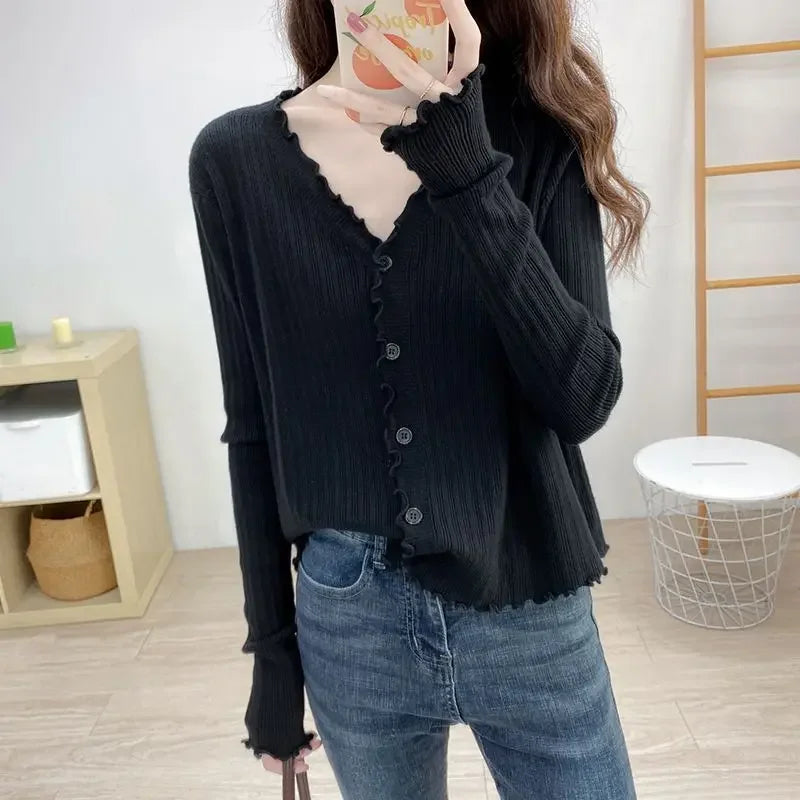 Cardigan for Women V Neck New In Spring Autumn Knitted Sweater Woman Wear To Work Korean Fashion Streetwear Elegant Jackets Hot