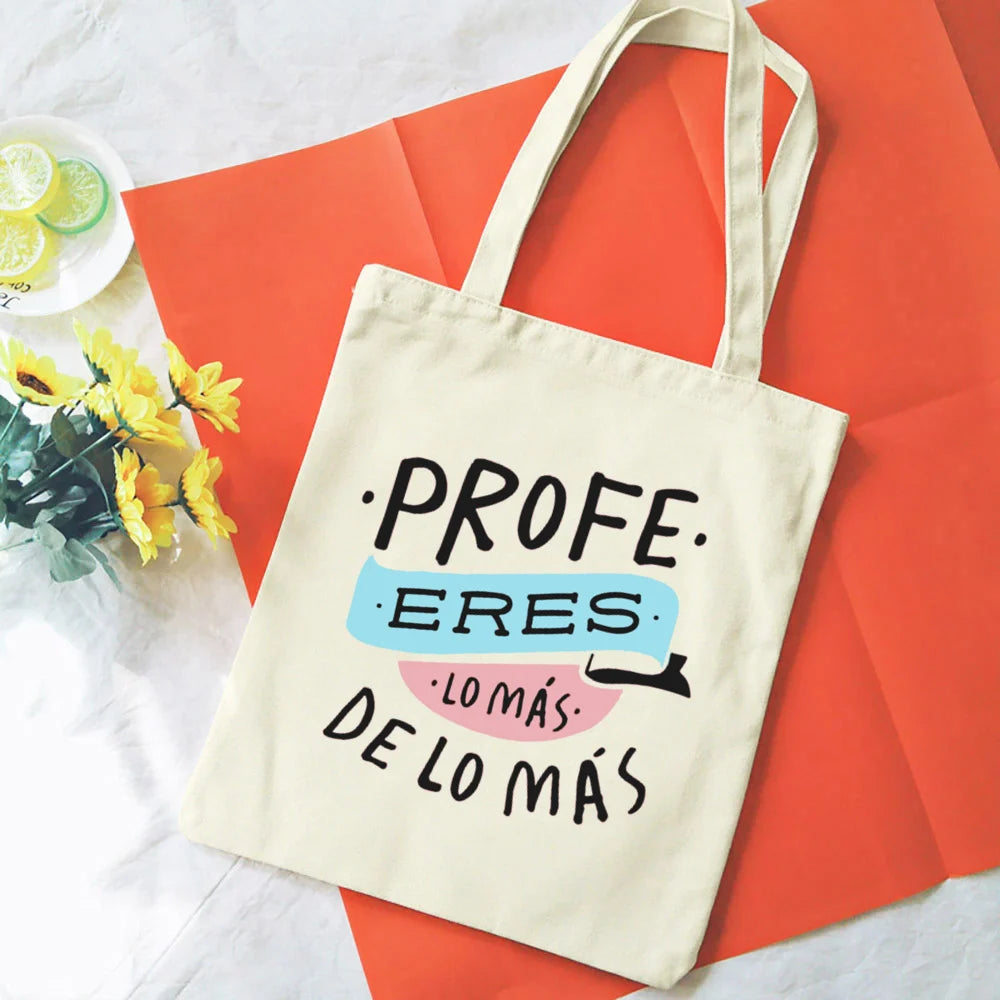 Spanish Printed Women Shopping Totes Bags White Teacher Life Bags Eco Reusable Fashion Canvas Shoulder Book Bag Gift for Teacher