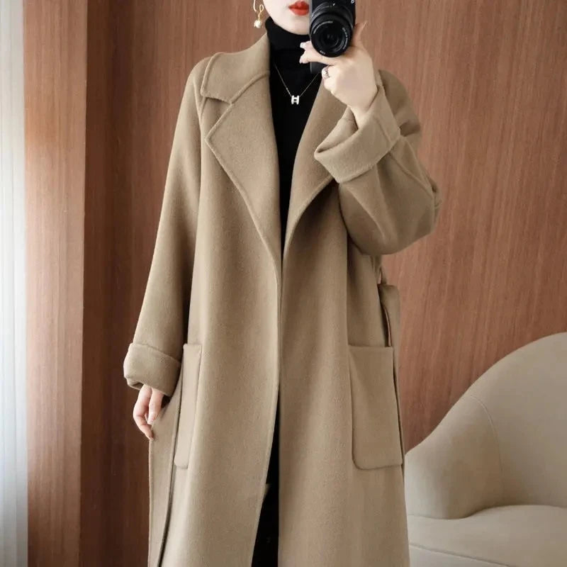 100% Wool Coat Women's Wear 2025 Autumn/Winter Fashion Temperament Double sided Cashmere Coats with Belt Elegant Long Overcoat